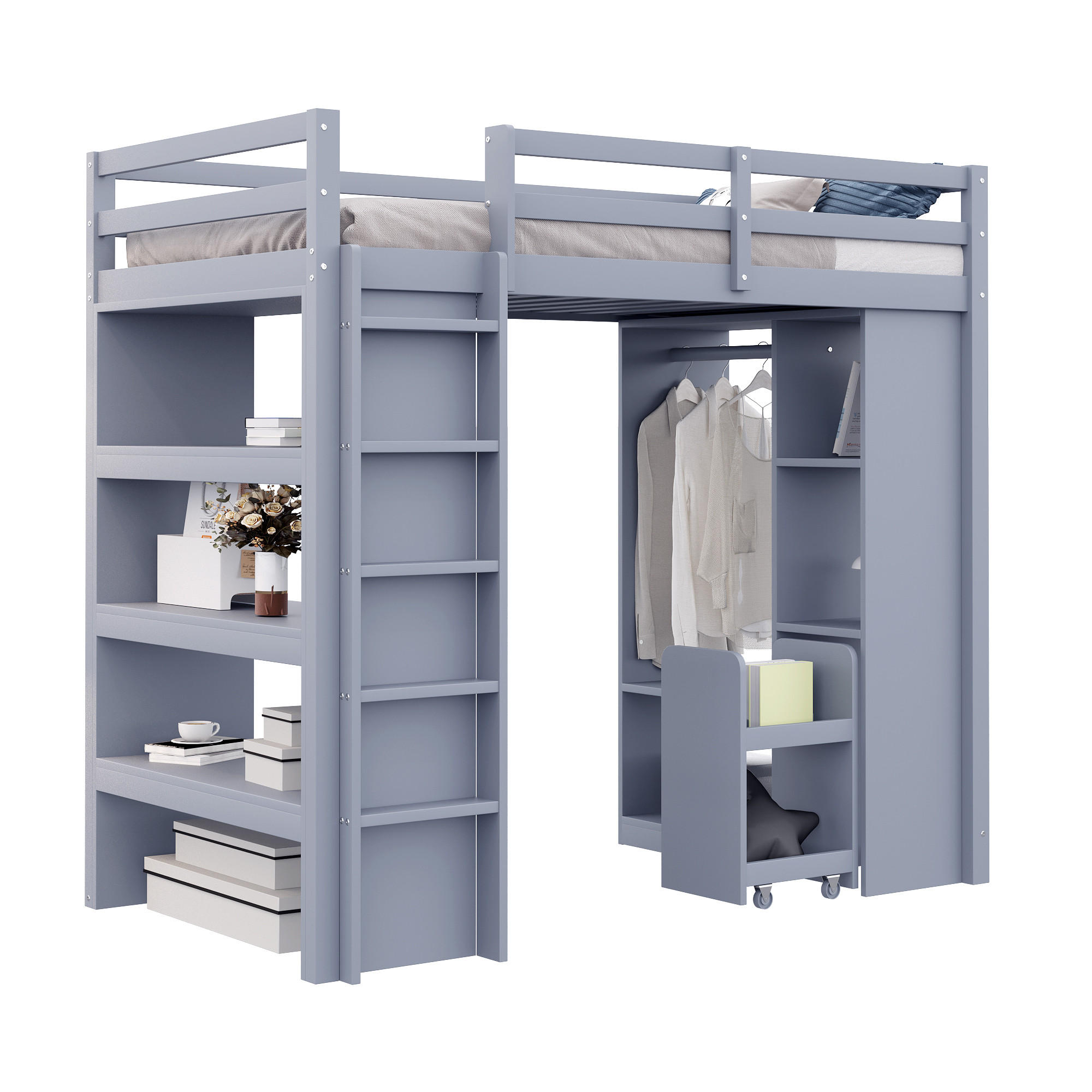 HOCHBETT 90/200 cm grau mit Stauraum und abnehmbarem Trolley - Grau, Holz (90/200cm) - OKWISH