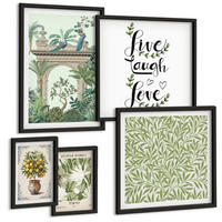 BILDER SET 5er Set - 50x50 cm & 20x30 cm & 40x60 cm Schwarzer Rahmen - Grüne Blätter exotischer Pflanzen - Schwarz, Kunststoff (40/60cm) - TULUP