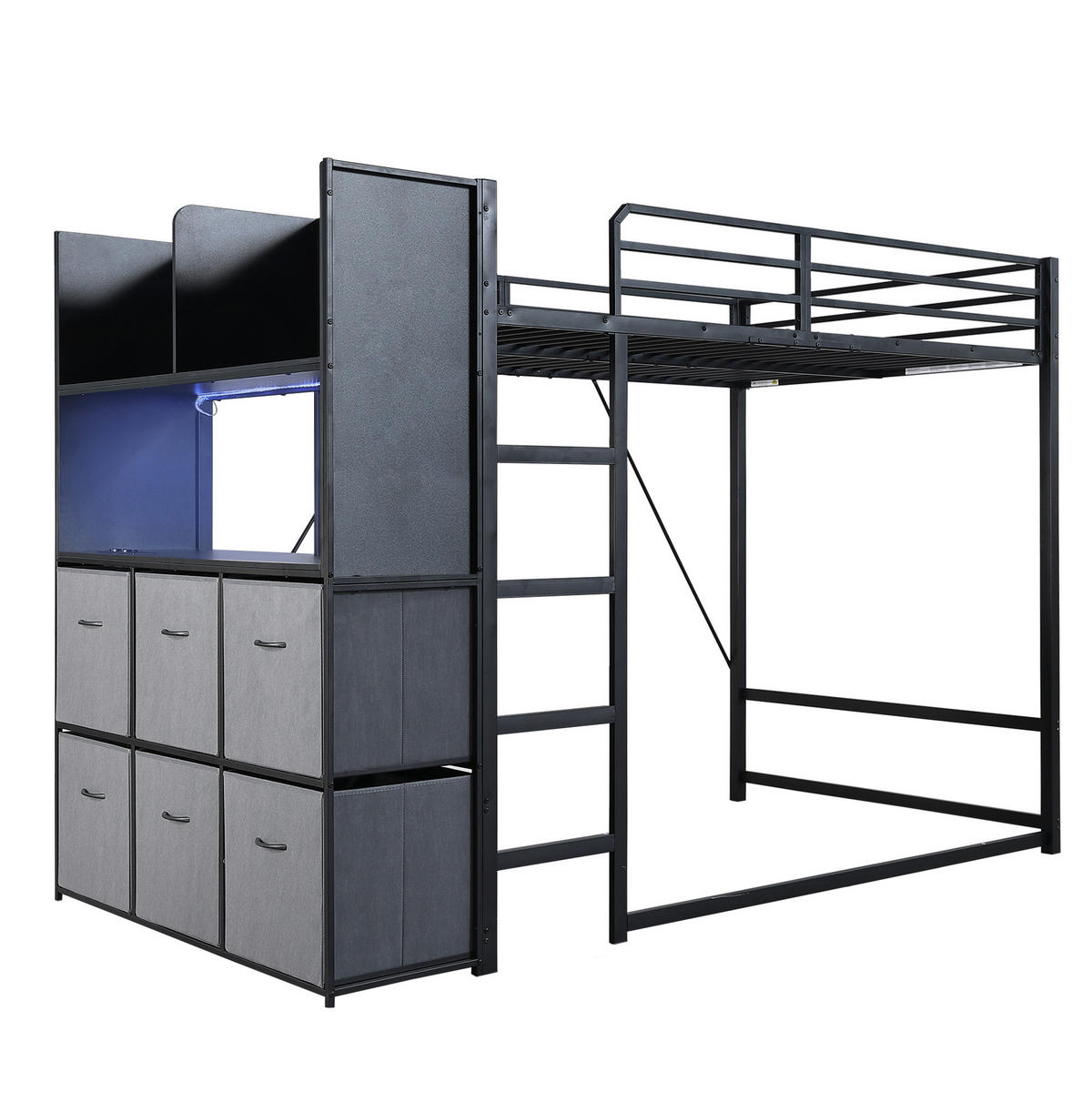 HOCHBETT aus Metall und Holz 120x200 cm Schwarz/Grau mit Stauraum, Beleuchtung und Ladestation - Schwarz, Metall (120/200cm) - Modfu