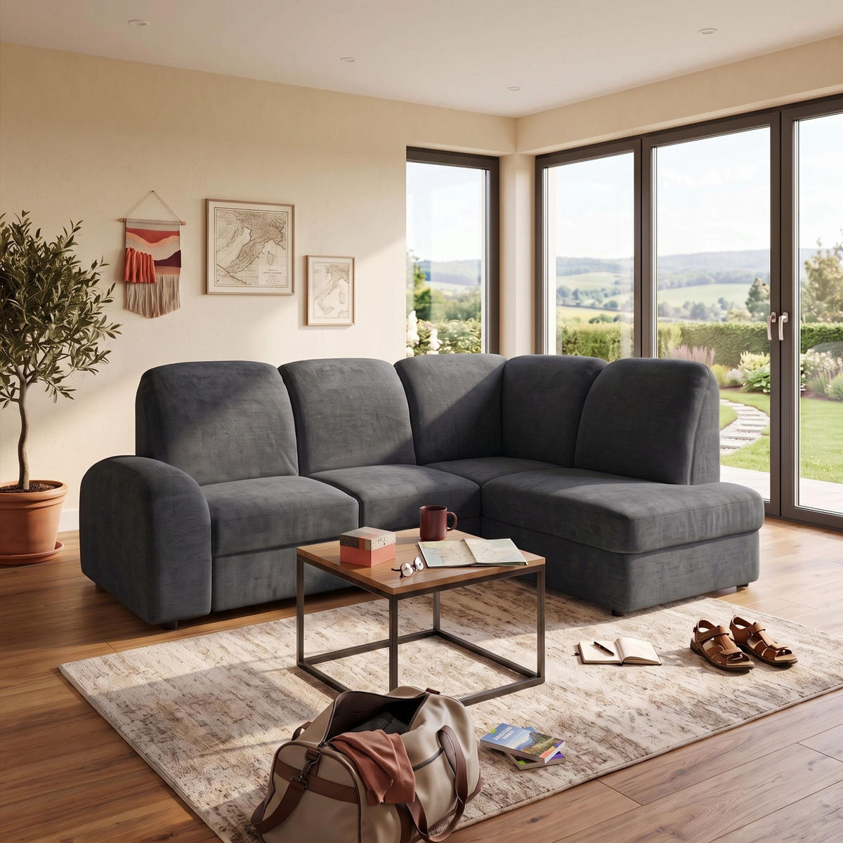 ECKSOFA VIBE L Rechts mit Schlaffunktion 129x205 Chenille Anthrazit - Anthrazit/Schwarz, Holz/Kunststoff (250/186cm) - Muffo