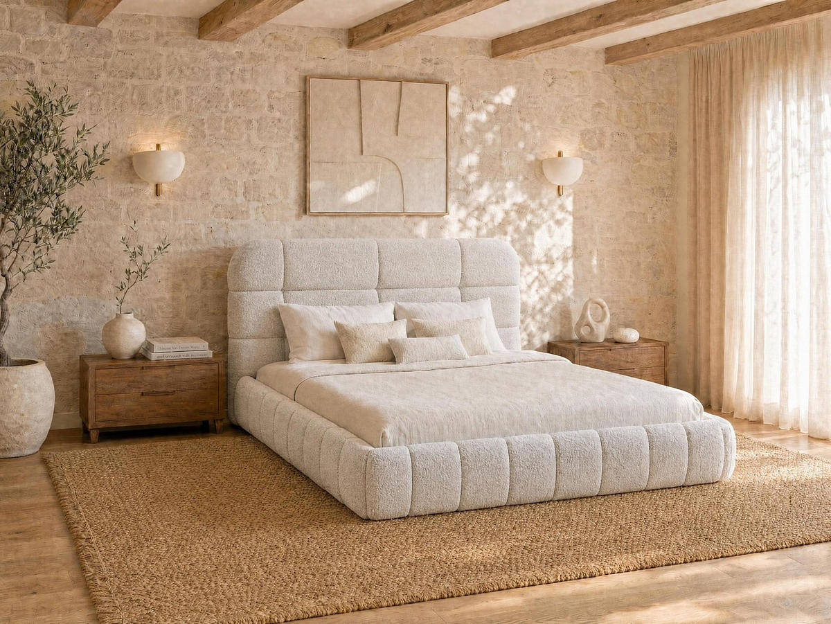 BETT mit Bettkasten - 2 Personen - Stoff - Beige - Beige, Textil (180/200cm) - Vente-Unique