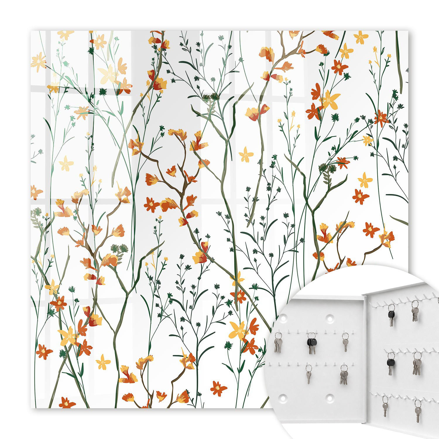 SCHLÜSSELBOX Weiß 30x30 cm – Türöffnung nach rechts - Blumenmuster - Weiß, Metall (30/30/5cm) - TULUP