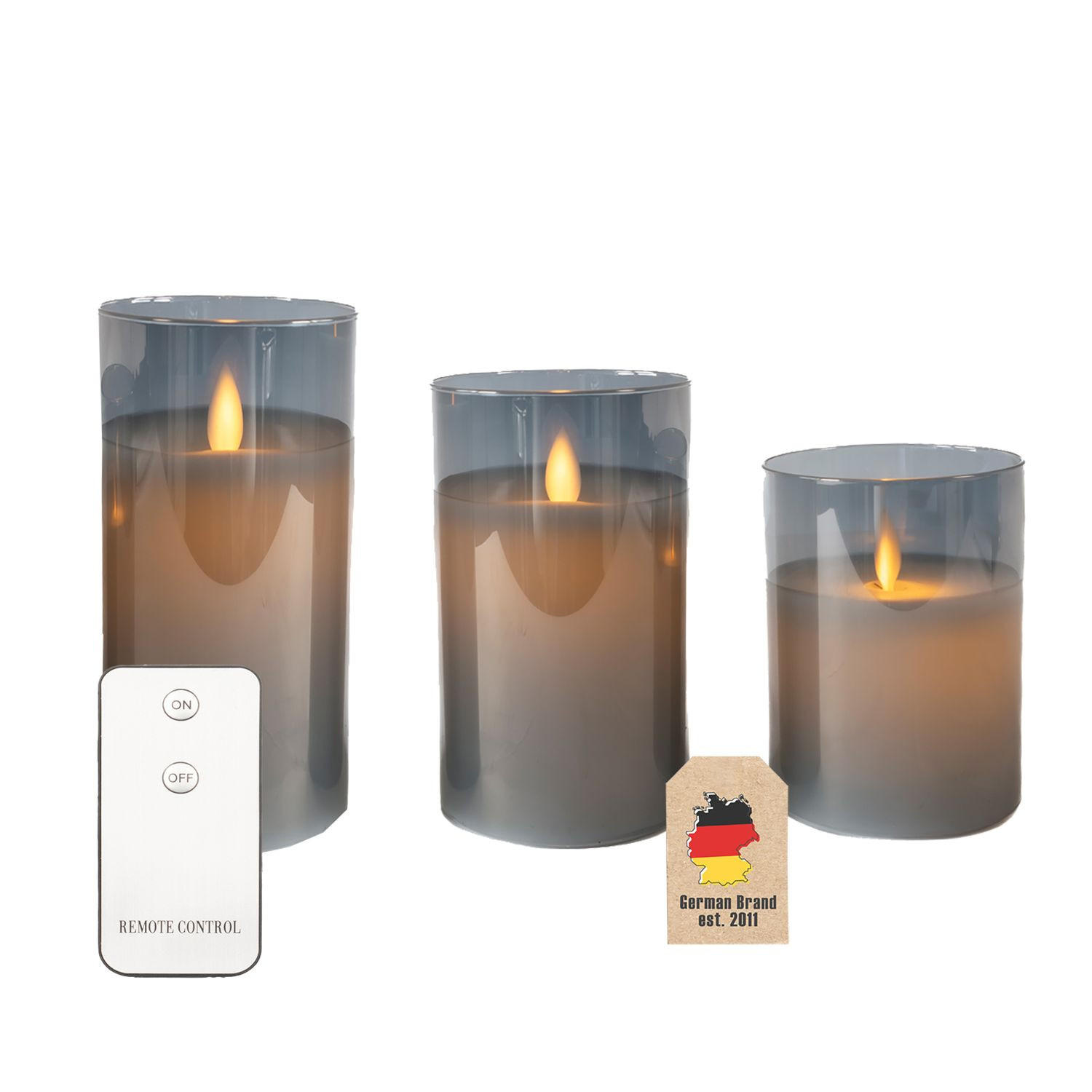 LED Kerzen aus Wachs im Glas mit Fernbedienung (3-tlg. Set) - Grau, Glas (7.4/7.4/15cm)