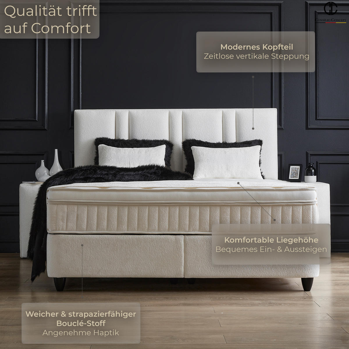 BOXSPRINGBETT MIT BETTKASTEN AURORA 140/200 cm, Beige, Bettkasten, Matratze, Topper integriert, H3 mittel - Beige/Schwarz, Holz/Kunststoff (140/200cm) - Consilio Concept