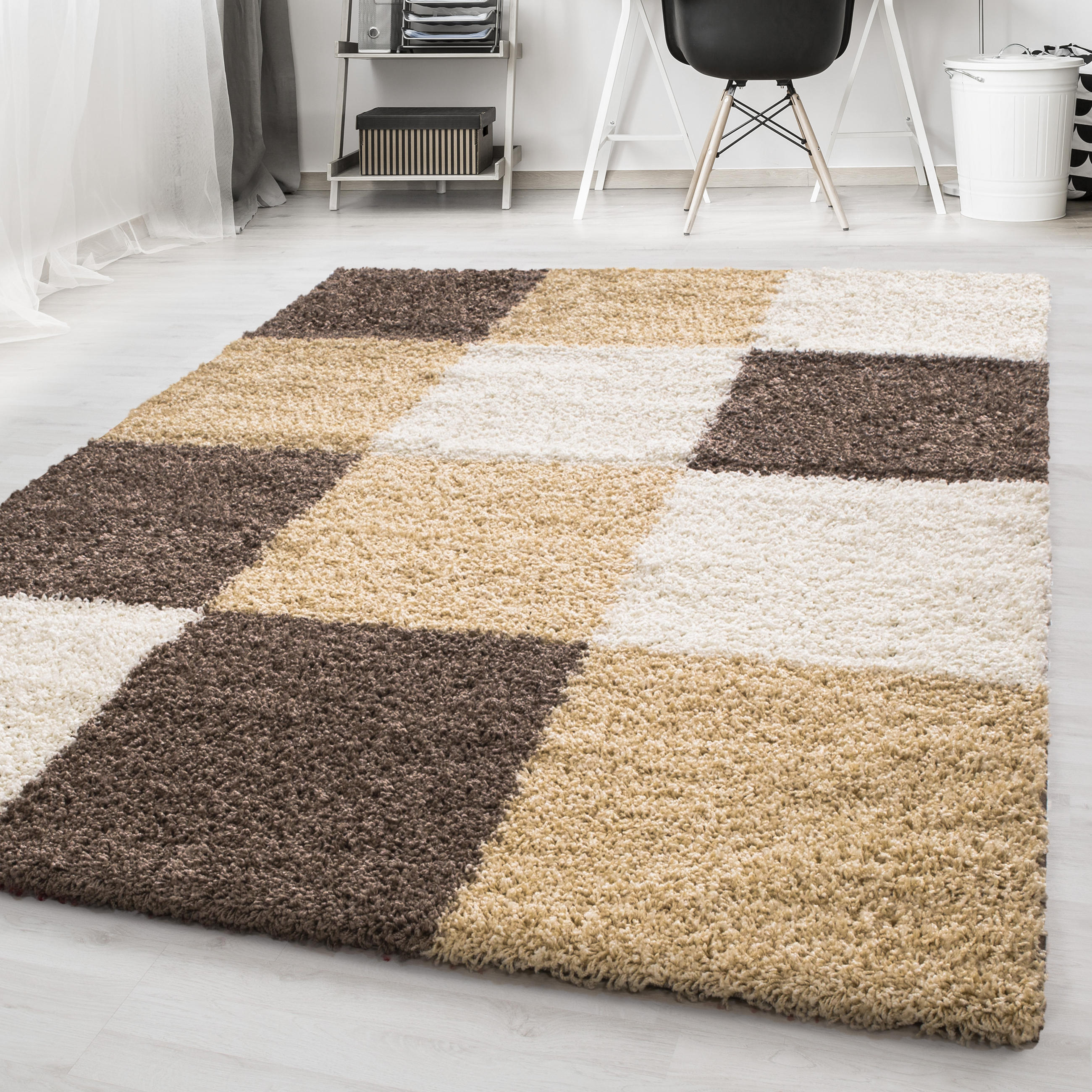 TEPPICH Hochflor Karo Polypropylen Wohnzimmer Shaggy Mokka Rechteckig 160x230 - Mokka, Textil (160/230cm) - KADIMA DESIGN
