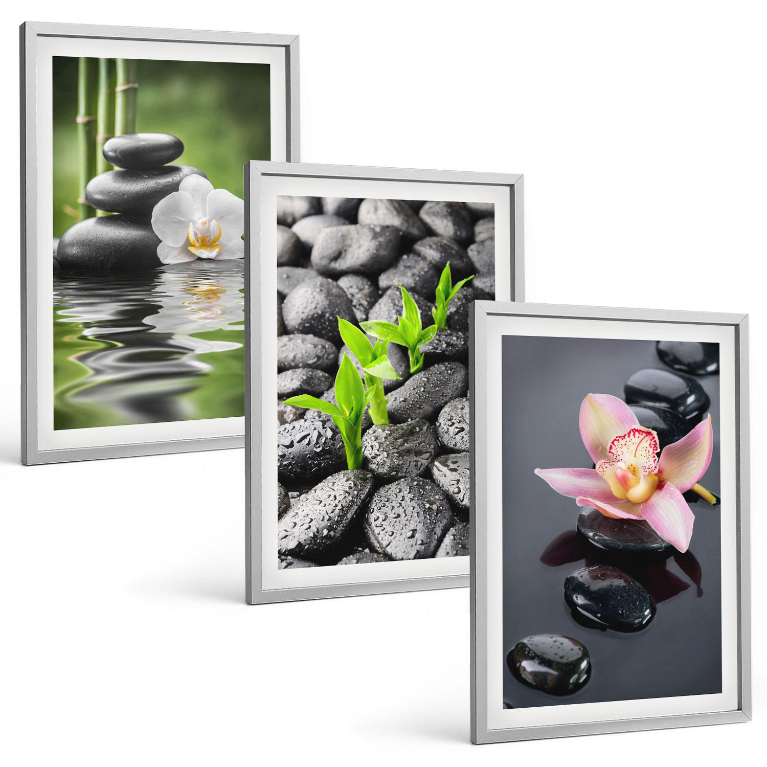BILDER SET 3er Set - 40x60 cm Silberner Rahmen - Eine ruhige Zen-Komposition aus Blumen und Wasser - Silberfarben, Kunststoff (40/60cm) - TULUP