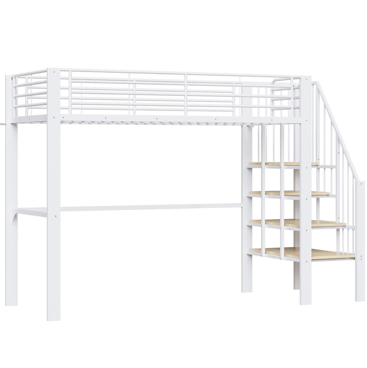 VYSOKÁ posteľ 90/200 cm 251,5/95/169 cm biela z kovu a dreva s úložným priestorom a schodmi - biela, kov (90/200cm) - OKWISH