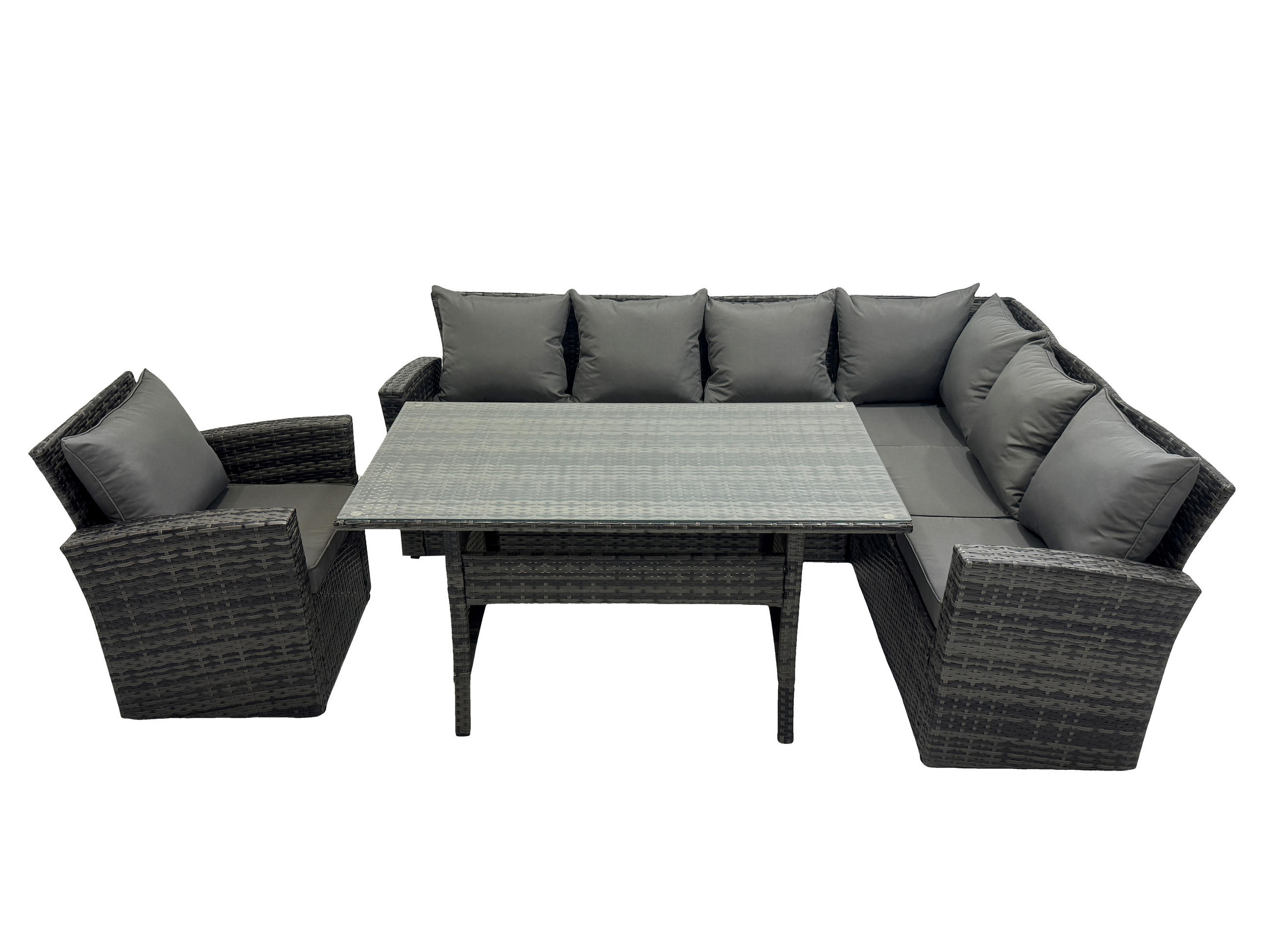 LOUNGEGARNITUR mit Esstisch Sofa Polyrattan Dunkelgrau 7-Sitzer - Dunkelgrau/Grau, Glas/Kunststoff - Fimous