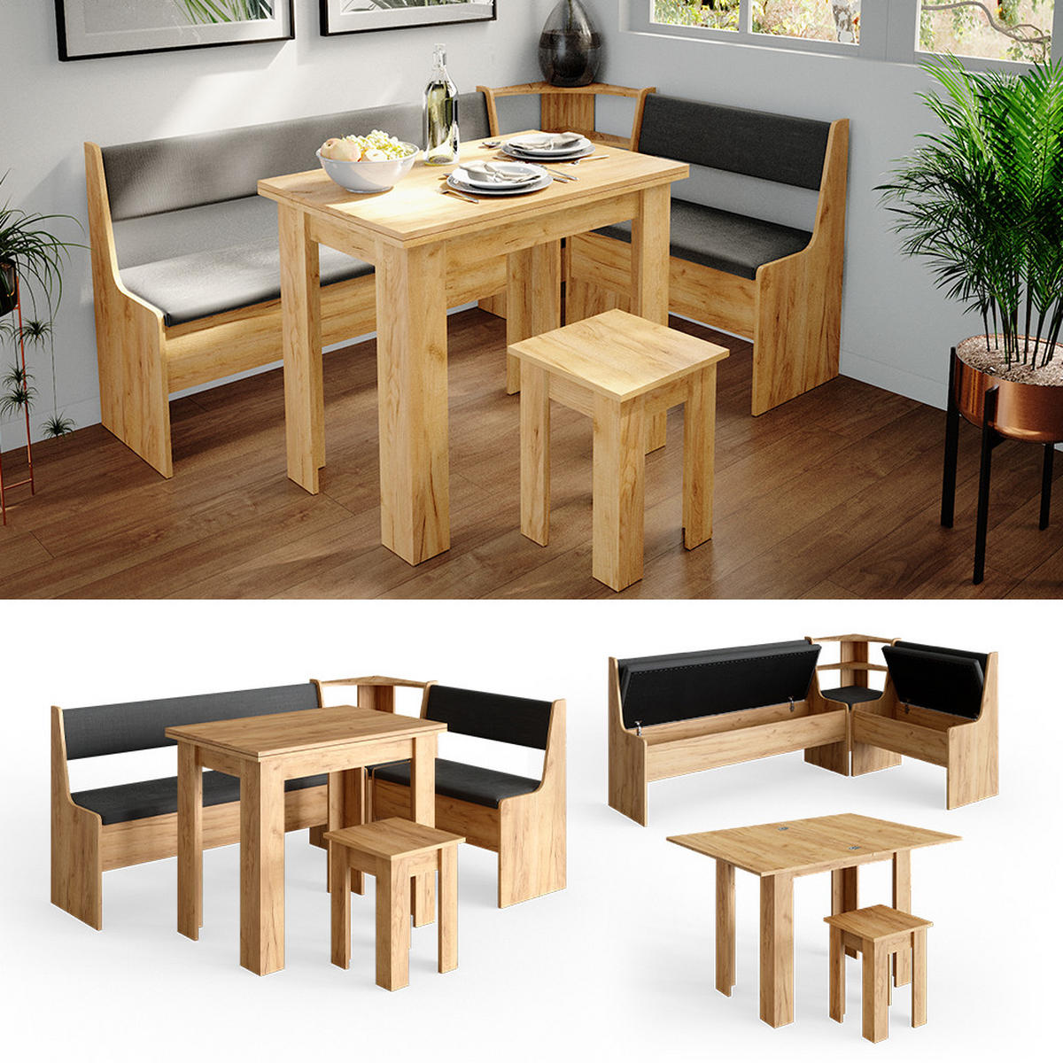 ECKBANKGRUPPE Roman Goldkraft Eiche 180 x 41.5 cm mit Tisch - Honigeiche/Anthrazit, Holzwerkstoff (180/80/120cm) - Vicco