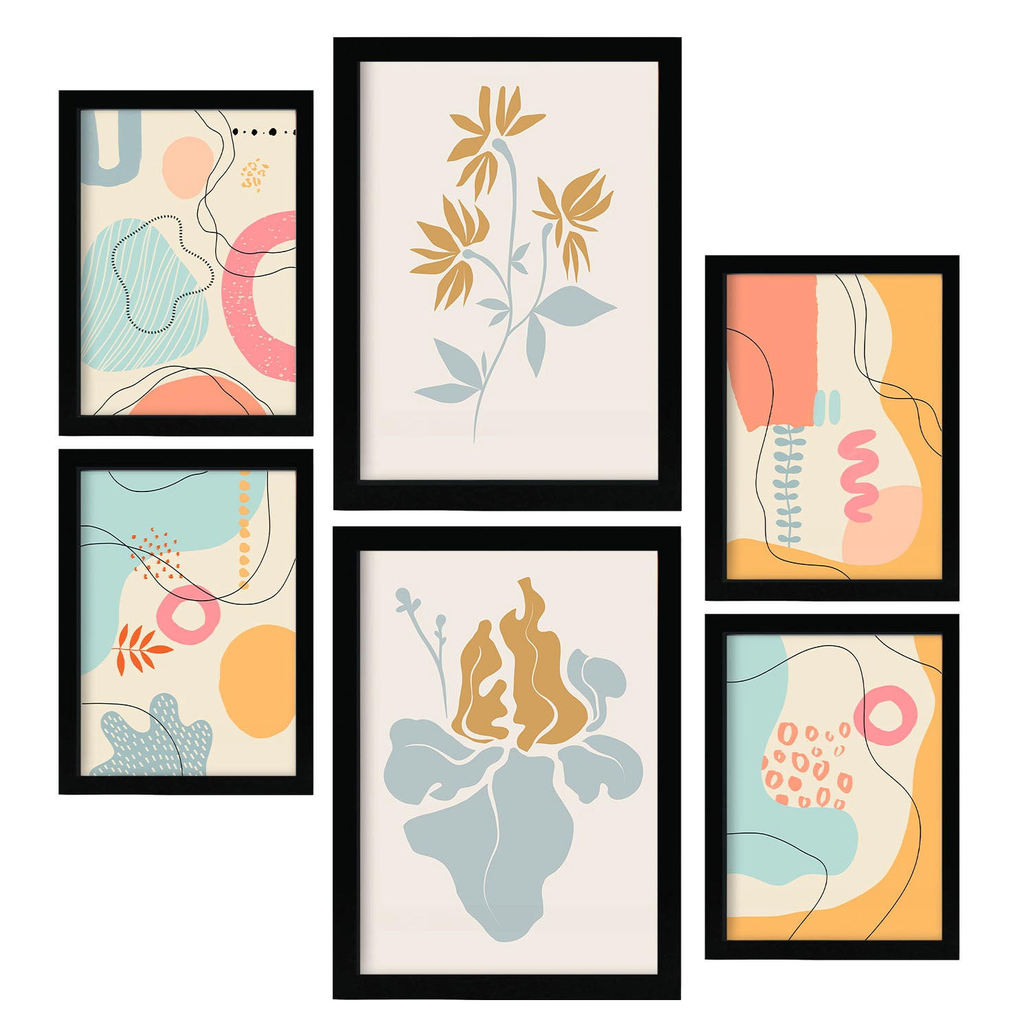 POSTER Set Mit 6 Ethikstile 2 In Blume Zusammenfassung Ästhetische Dekorative Gemälde Für Ihr Wohnzimmer Schlafzimmer Zuhause A3 & A4 Schwarzer Rahmen - Schwarz, Papier (29/3cm) - Nacnic