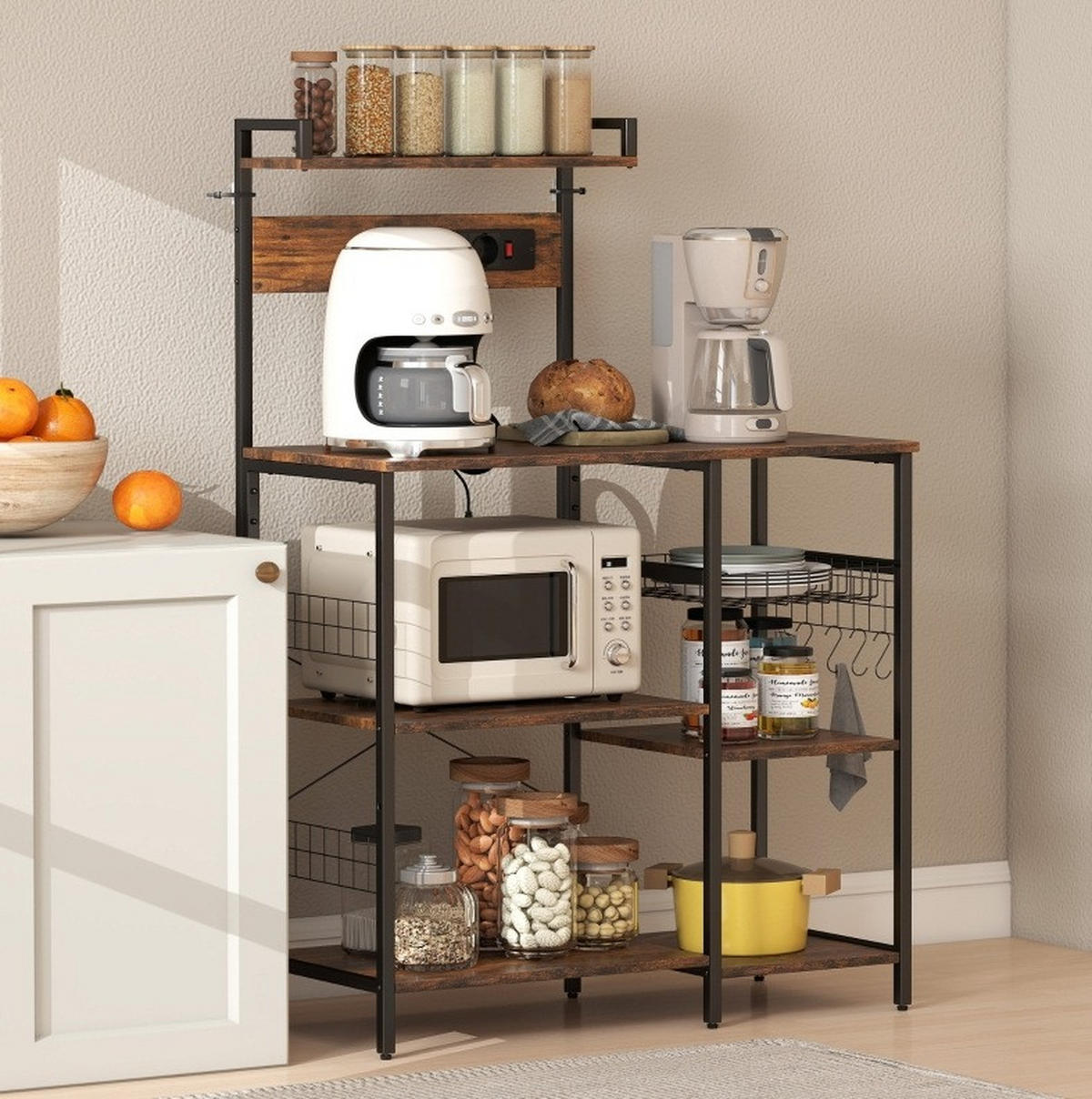 KÜCHENREGAL 90x42x130cm Braun mit verstellbarem Regal, Drahtkorb & Haken - Braun, Holz (90/130/42cm) - Modfu
