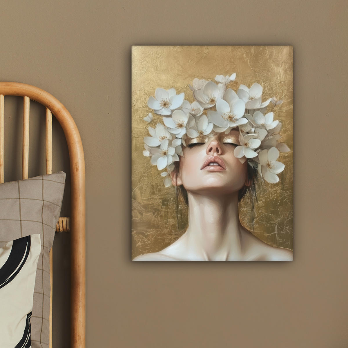LEINWANDBILD Gesicht - Blumen - Gold - Abstrakt Room Decor 30x40 cm - Goldfarben, Textil (30/40cm) - MuchoWow