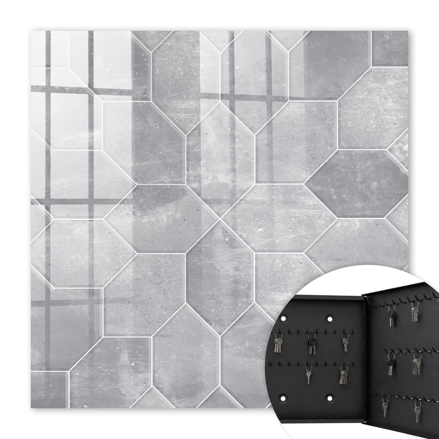SCHLÜSSELBOX Schwarz 30x30 cm- Türöffnung nach rechts - Graue Geometrie - Grau, Metall (30/30/5cm) - TULUP