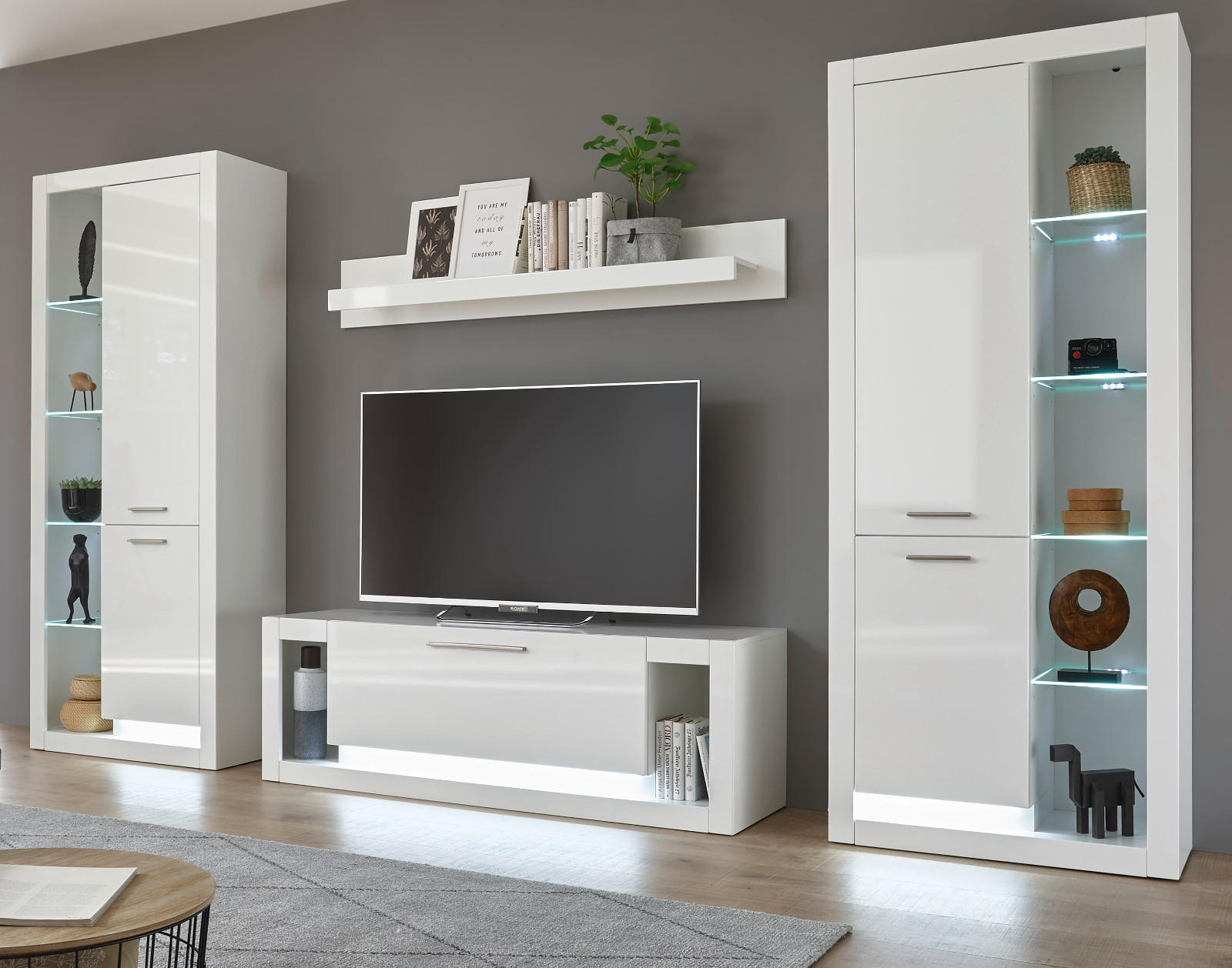 WOHNWAND weiß Hochglanz 4-teilig 350 cm, Schrankwand mit viel Stauraum - Weiß Hochglanz/Silberfarben, Glas/Holzwerkstoff (350/198/43cm) - Furn.Design
