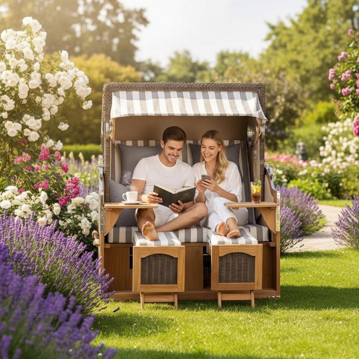 STRANDKORB Düne Grande Bullauge Teak PE Grey Dessin 537 - Braun/Grau, Metall (142/170/95cm) - Mr. Deko