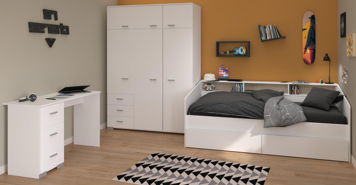 KINDERZIMMER Set 3-tlg. mit Bett 90x200 cm, Kleiderschrank Schreibtisch - Silberfarben/Weiß, Holz/Holzwerkstoff (203/203/113cm) - Parisot Meuble