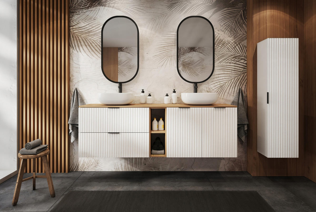 WASCHBECKUNTERSCHRANK FLOW mit Regal + Platte Weiß matt 140/57/46 cm - Weiß, Holzwerkstoff (140/57/46cm) - Rodan