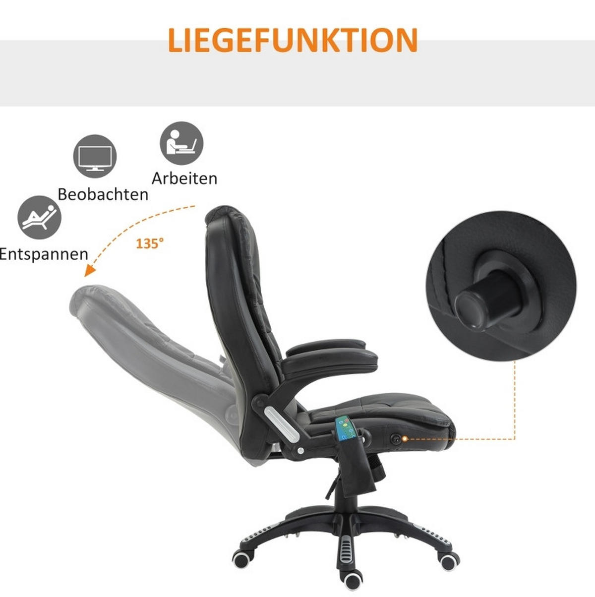 DREHSTUHL 54 cm Sitzbreite, Sitzhöhe 44–54 cm, höhenverstellbar mit Massagefunktion, Kunstleder, 70/70/121 cm, schwarz - Schwarz, Kunststoff (70/121/70cm) - Redom
