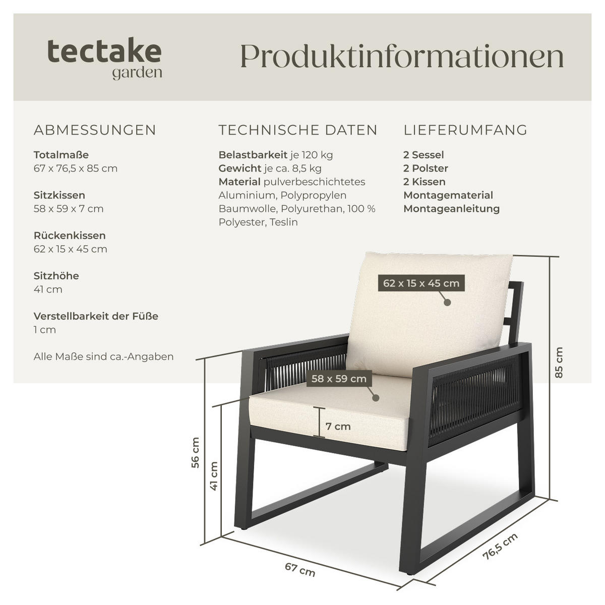 GARTENLOUNGE-SET Captive,höhenverstellbare Füße,anthrazit - Anthrazit, Kunststoff/Metall - tectake