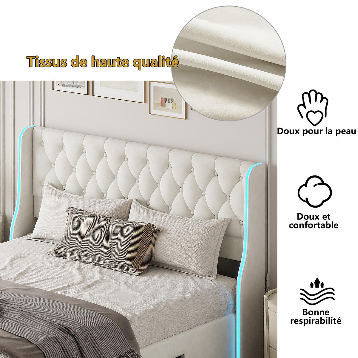 POLSTERBETT 160x200 cm LED Kopfteil 3 Schubladen Lattenrost Samt beige - Beige, Holz (160/200cm) - LEBENLANG