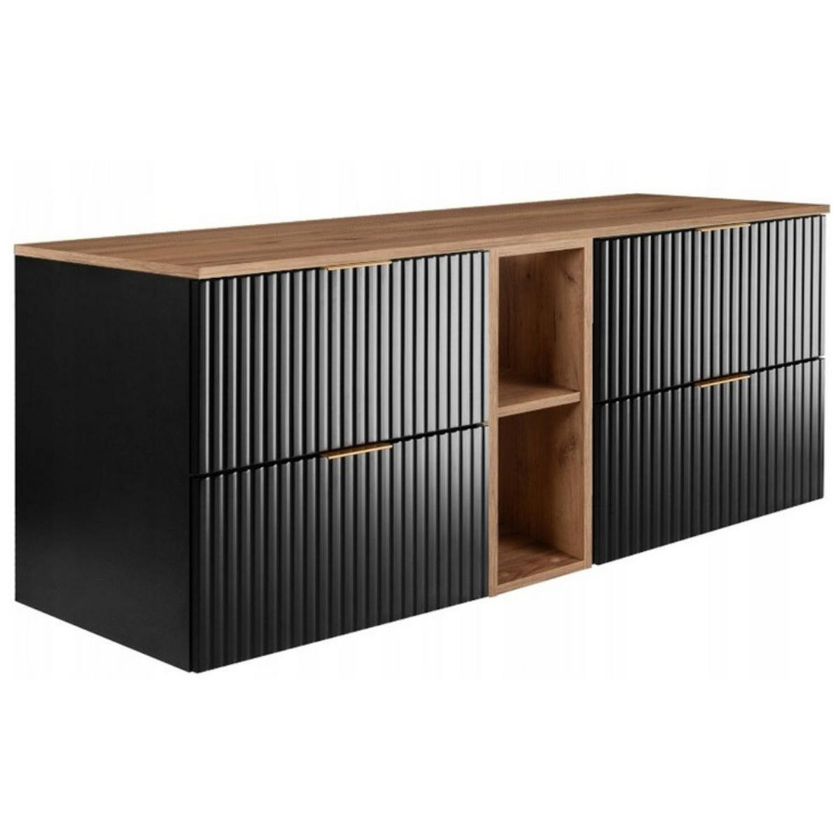 WASCHBECKUNTERSCHRANK mit Regal Schwarz matt/Eiche 140/57/46 cm - Eichefarben/Schwarz, Holzwerkstoff (140/57/46cm) - Rodan