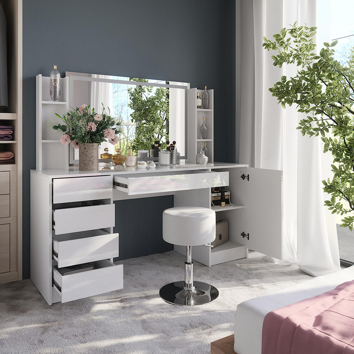 SCHMINKTISCH Sherry Weiß/Weiß Hochglanz 158.2 cm 5 Teile - Weiß Hochglanz, Holzwerkstoff (158.2/76/50.1cm) - Vicco