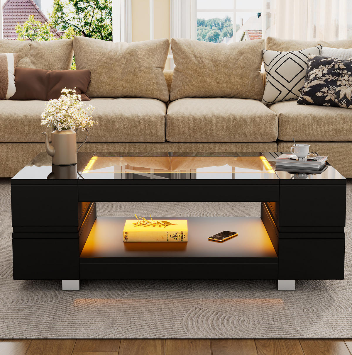 COUCHTISCH, schwarz, hohles Design mit LED-App-Steuerung und hochglänzender Glasplatte, 100/50/35 cm,schwarz - Schwarz, Holzwerkstoff (100/50/35cm) - Redom