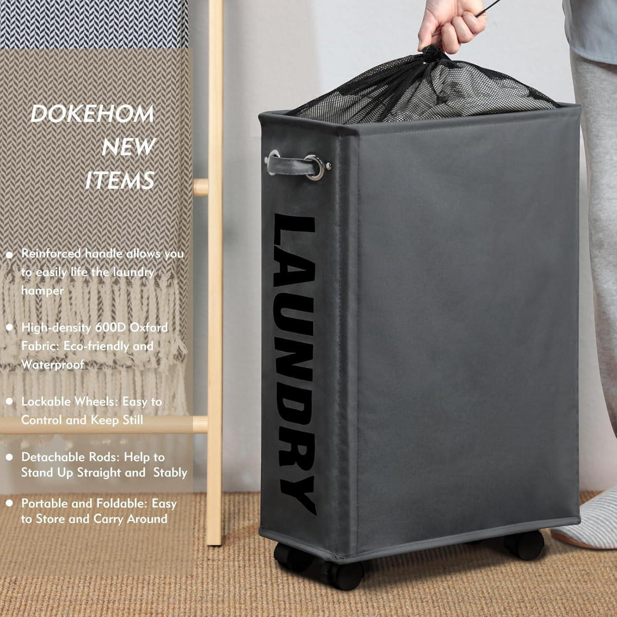 WÄSCHEKORB auf Rollen 63.5 cm Dunkelgrau - Anthrazit, Textil (20/63.5/40.5cm)