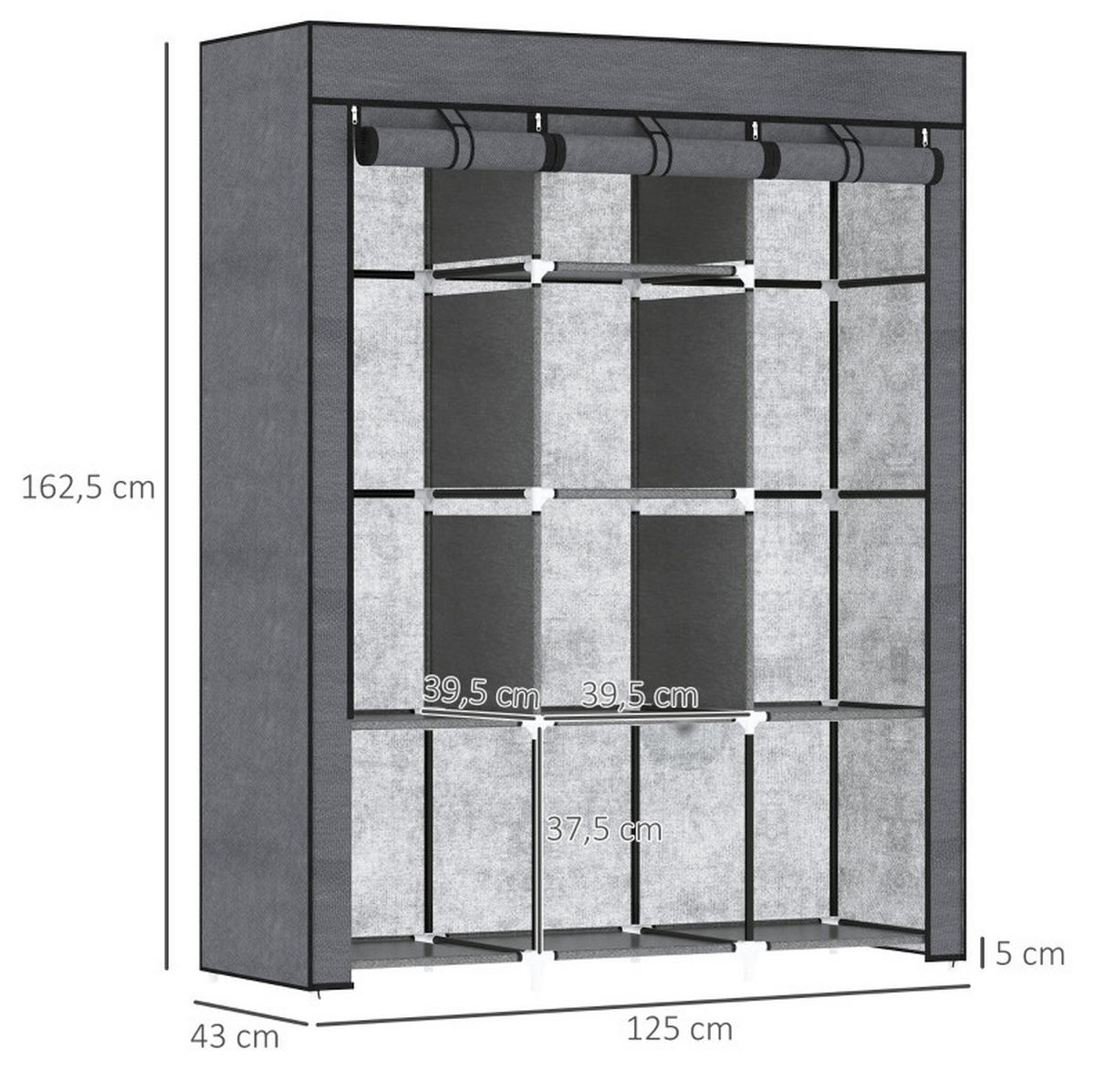 KLEIDERSCHRANK Stoffschrank mit Kleiderstangen & 8 Fächern, 125/43/162,5 cm, Dunkelgrau - Dunkelgrau, Textil (125/162.5/43cm) - Redom