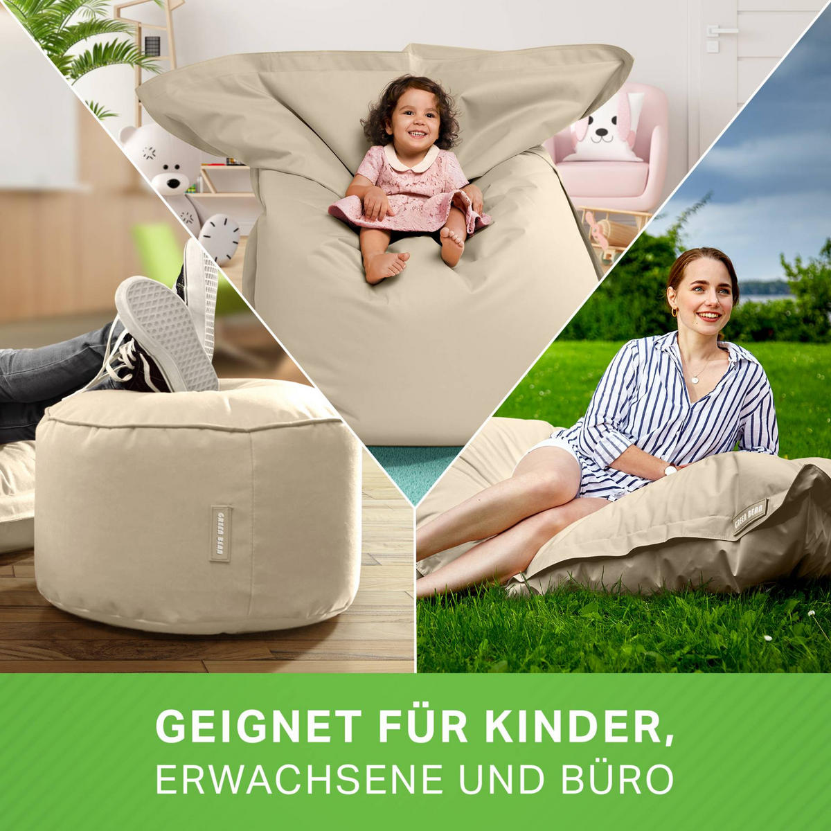XXL-SITZSACK + Pouf 2er Set - 140x180cm - Beige, Textil (140/25/180cm) - Green Bean