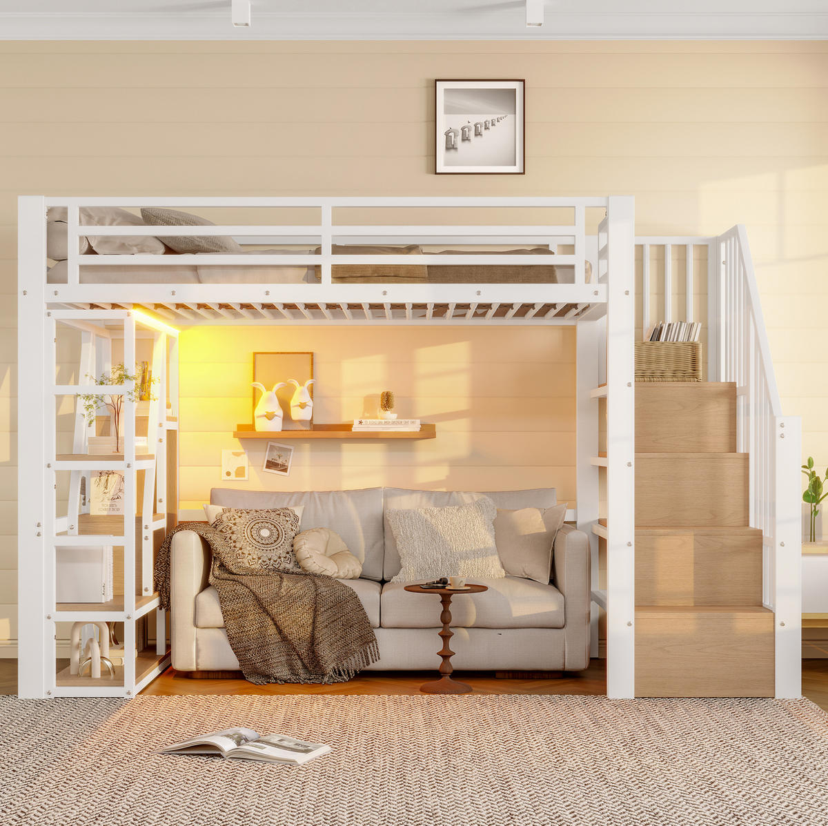 HOCHBETT aus Stahl und MDF 90x200 cm Weiß mit Stauraumtreppe, Regal und LED-Beleuchtung - Weiß, Metall (90/200cm) - IVMEU
