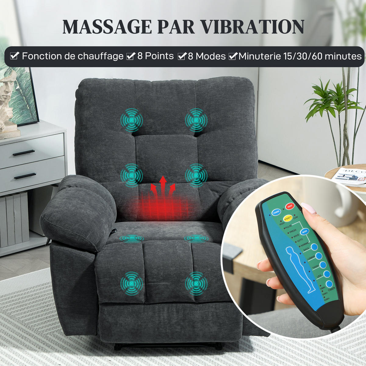 MASSAGESESSEL DE-15405 8 Vibrationen mit Heizung Grau - Grau, Metall (100/107/102cm) - ComfortXL
