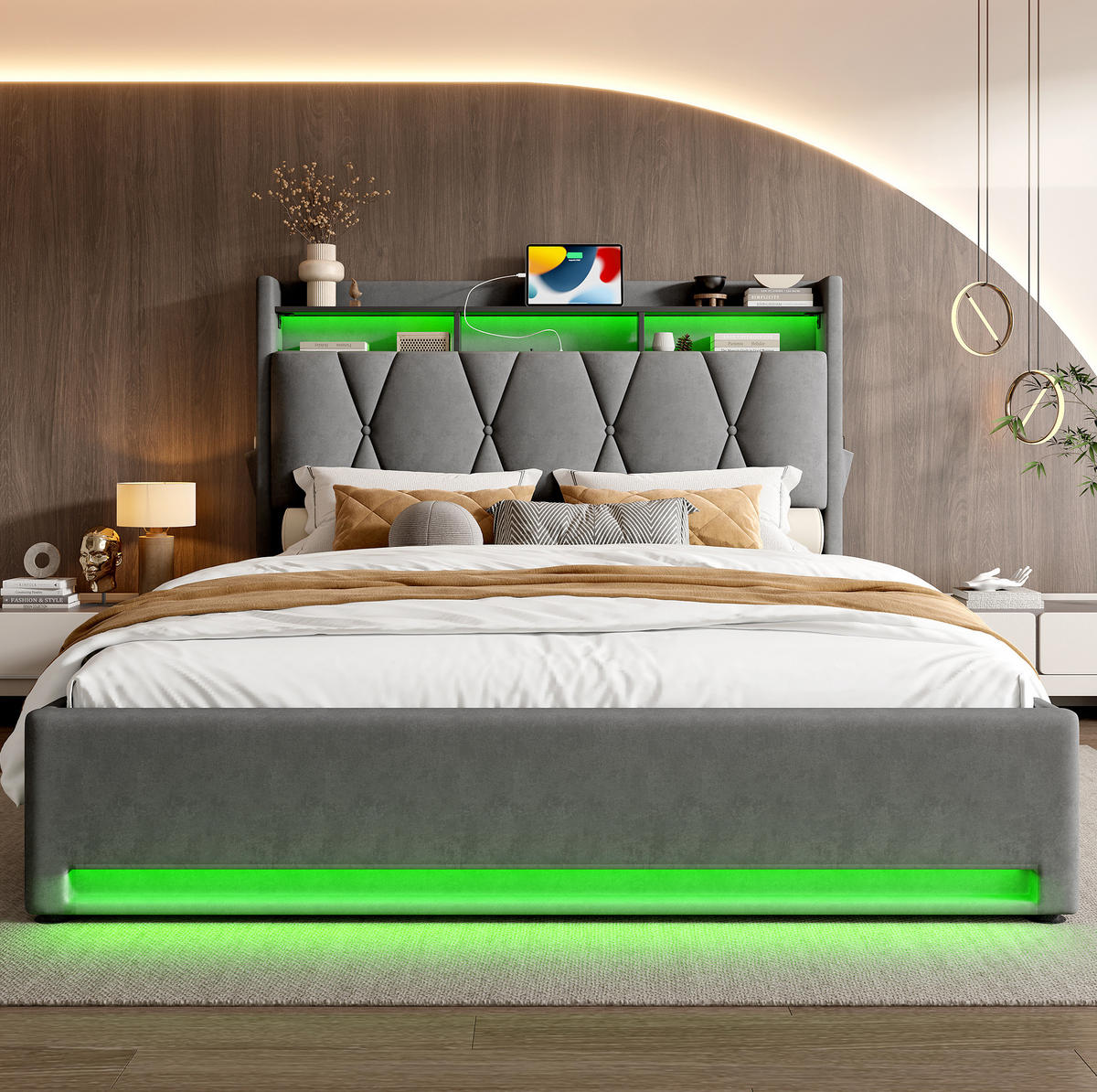 POLSTERBETT 140/200 cm mit LED-Beleuchtung, USB- und Type-C-Anschluss, Stauraum-Kopfteil und Bettkasten, Dunkelgrau - Dunkelgrau, Textil (140/200cm) - Redom