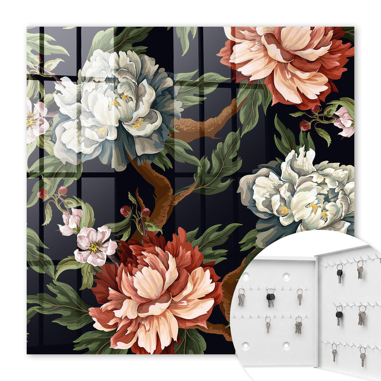 SCHLÜSSELBOX Weiß 30x30 cm – Türöffnung nach rechts - Blumen der Natur - Grün, Metall (30/30/5cm) - TULUP