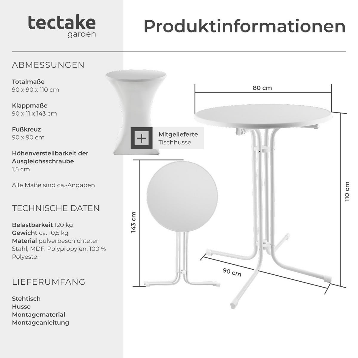 STEHTISCH Eren,bodenschonende Kunststofffüße & Ausgleichsschraube,weiß - Weiß, Textil (80/110/80cm) - tectake