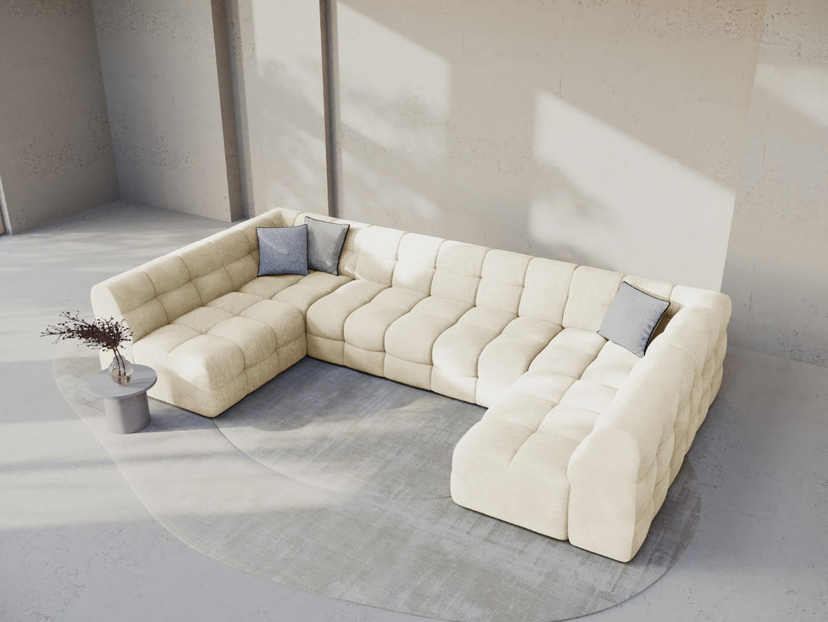 PANORAMASOFA Kendal aus Samt elfenbein 7 Sitzplätze - Creme, Textil (203/79/372cm) - Micadoni