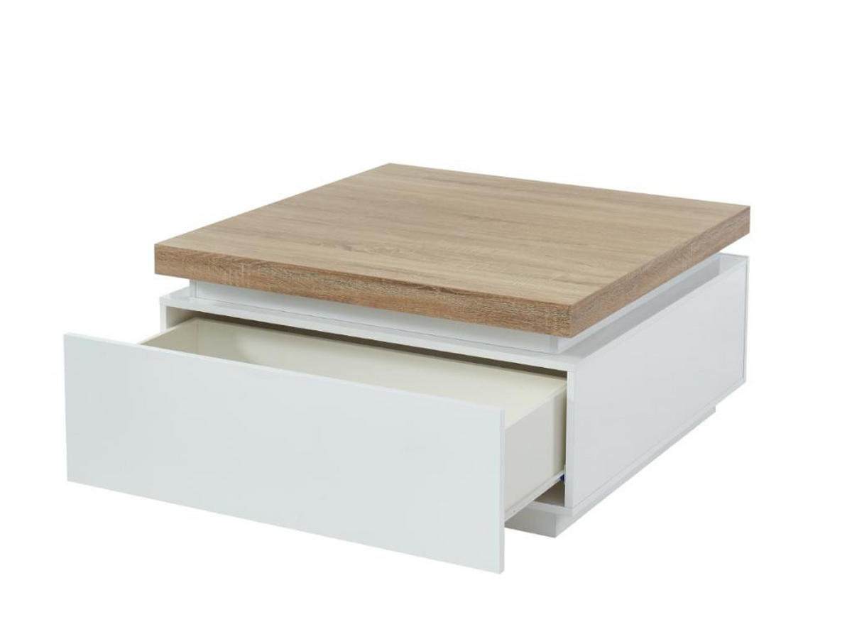 COUCHTISCH mit 2 Schubladen & LEDs - MDF lackiert - Weiß & Eichefarben - HALO II - Naturfarben, Holz (90/90/45cm) - Vente-Unique