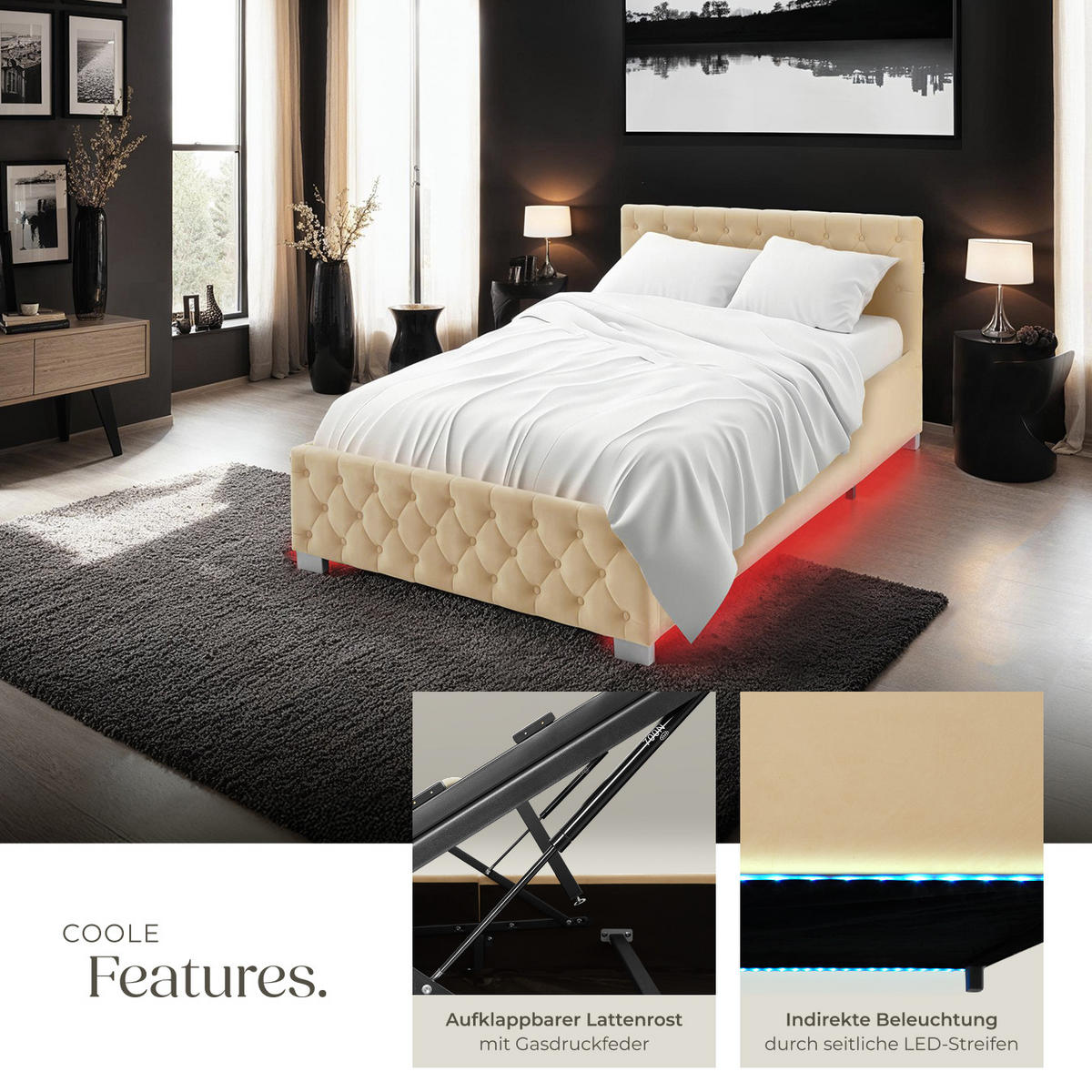 POLSTERBETT Sedona,großer Stauraum,beige - Beige, Holz (120/200cm) - tectake