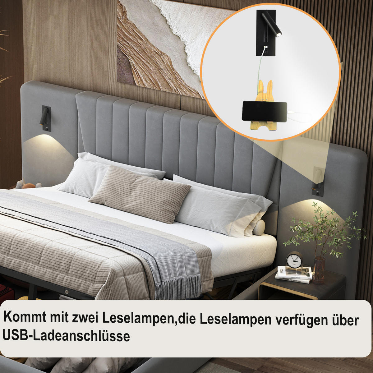 ČALÚNENÁ posteľ 180/200 cm s nastaviteľnými čítacími lampami, USB portom a hydraulickým úložným priestorom, Sivá - sivá, textil (180/200cm) - Redom