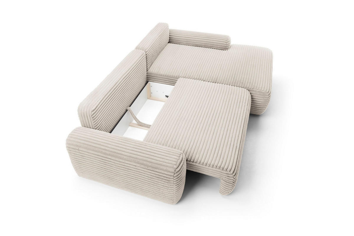 ECKSOFA OSSO Creme Velours-Stoff mit Schlaffunktion - Creme, Holz (264/162cm) - MASSENO