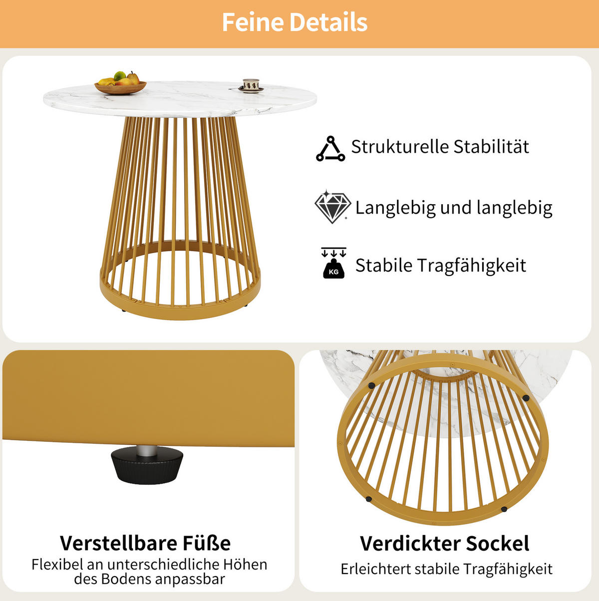 JEDÁLENSKÝ stôl 80/80/76 cm, MDF/kov, zlatý a biely - zlatá, kompozitné drevo (80/80/76cm) - BEAOK