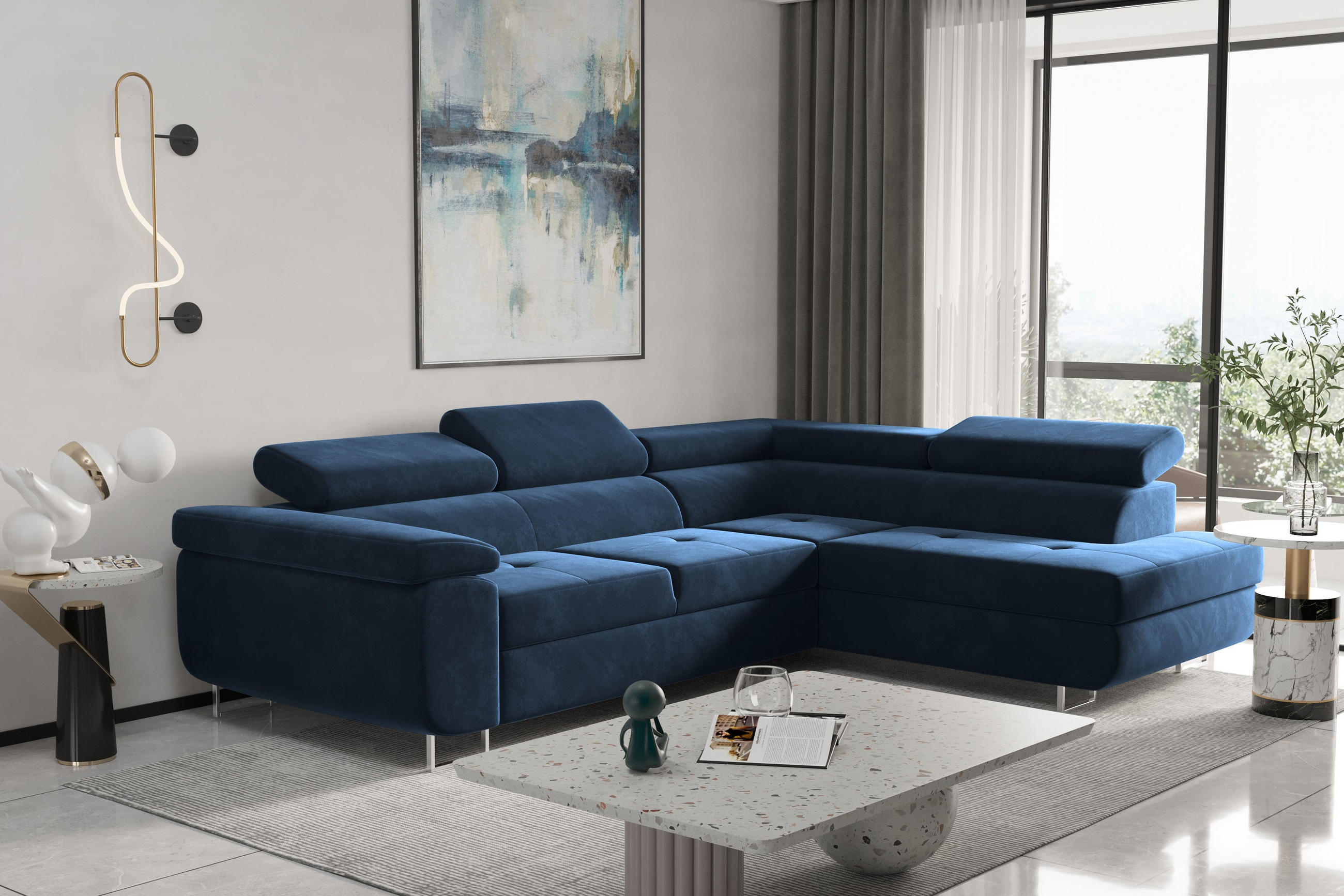 ECKSOFA mit Schlaffunktion und Bettkasten ATOM Dunkelblau Rechts - Dunkelblau, Holz/Textil (275/202cm) - Kaiser Möbel