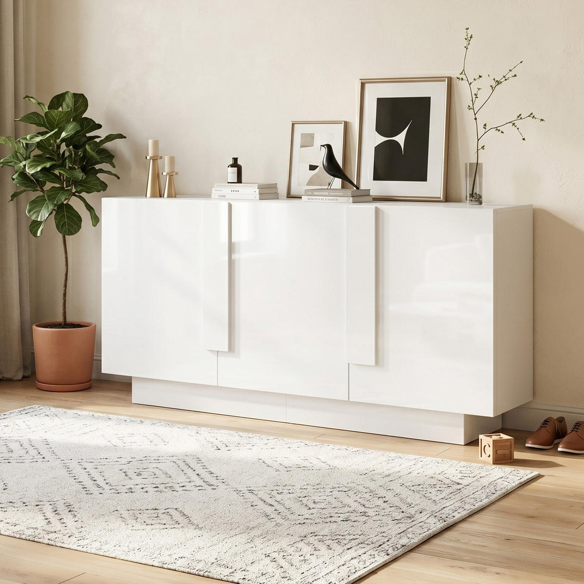BUFET 160cm Alb Lucios – Comodă cu 3 uși și 6 compartimente - alb, compozit lemnos (35/60/160cm) - Urban Meuble
