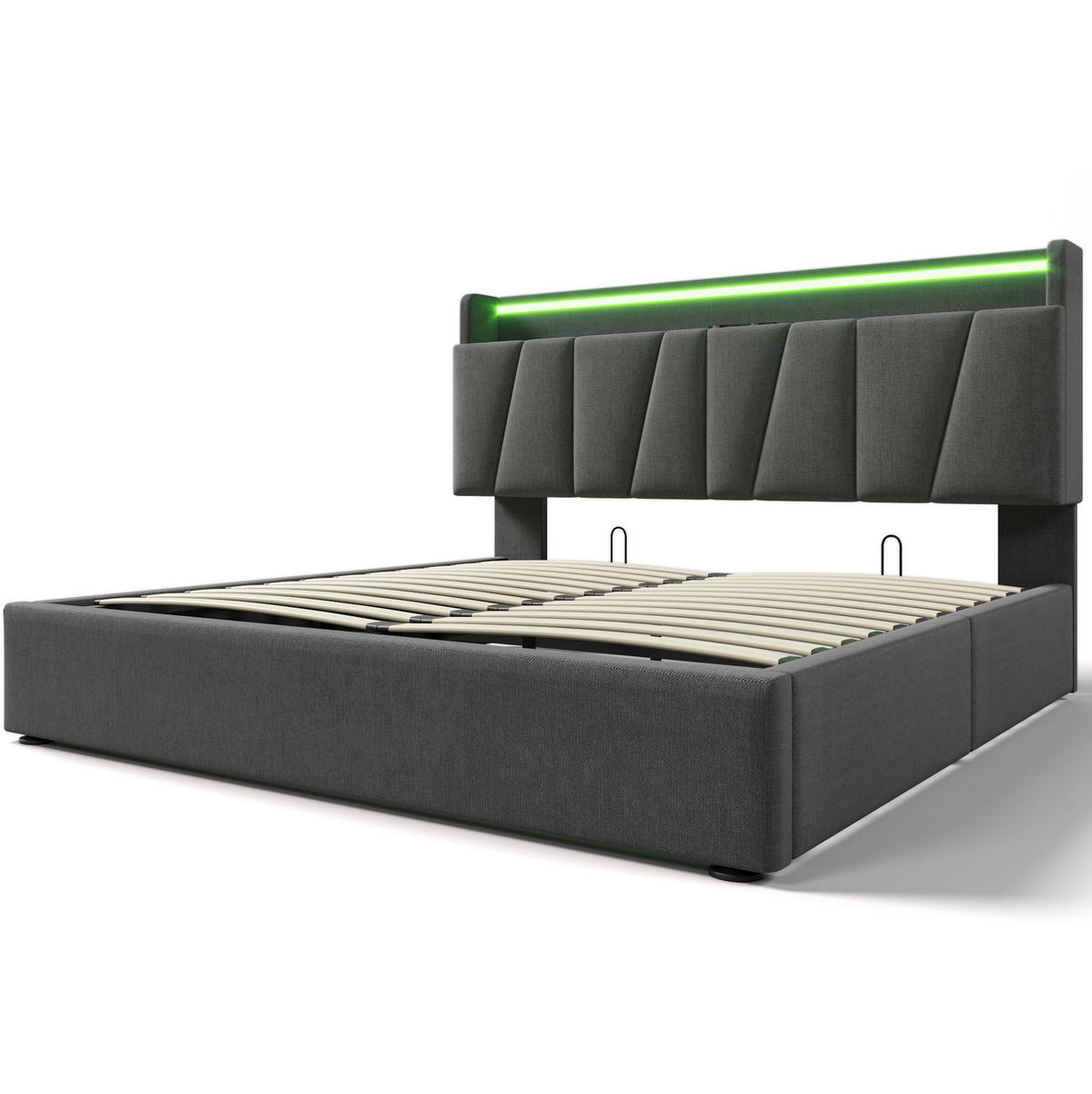 POLSTERBETT 140/190 cm mit LED, USB, Steckdosen, Stauraum-Kopfteil und Bettkasten, Leinen, Grau - Grau, Textil (140/190cm) - Redom