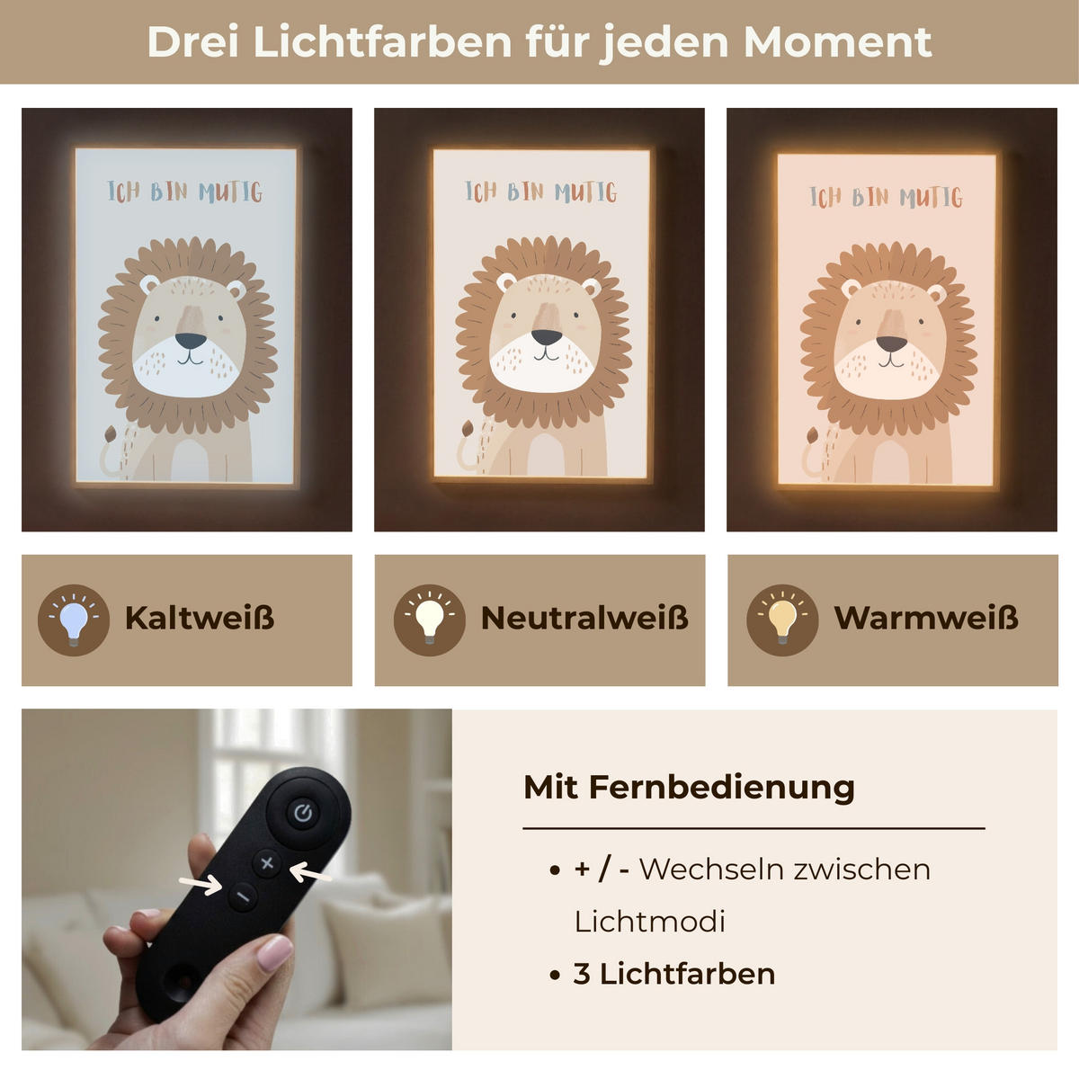 WANDLEUCHTE MIT AKKU Löwe - Beige - Tier - Mutig - Zitat 60x90 cm - Beige, Holzwerkstoff (60/90/8cm) - OnlyWow