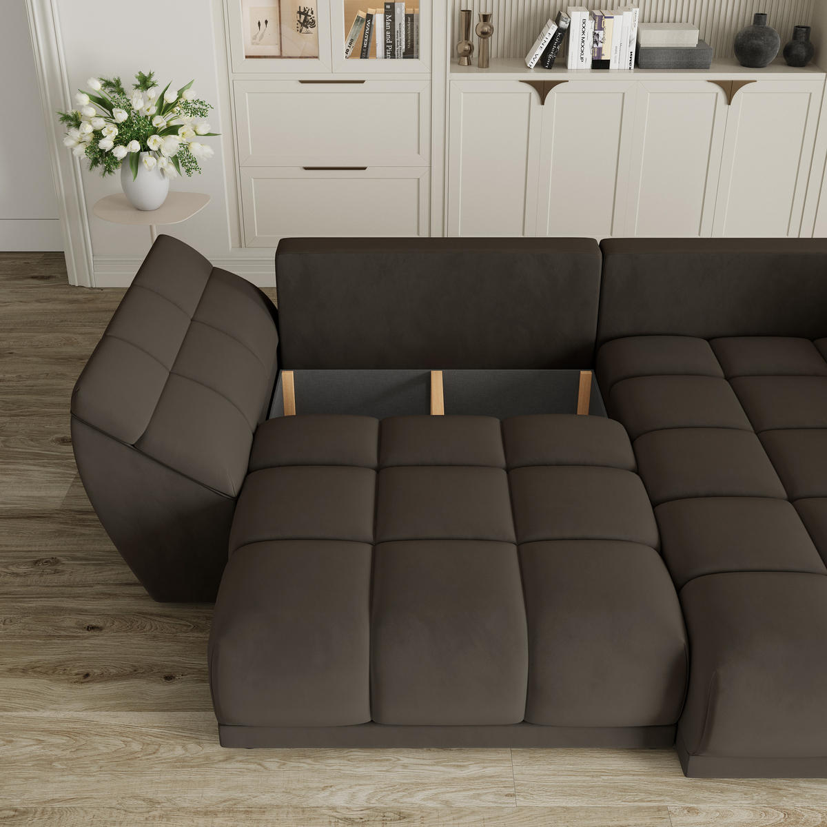 ECKSOFA ORENTI R-S Braun Velours-Stoff mit Schlaffunktion - Braun, Holz (287/182cm) - MASSENO