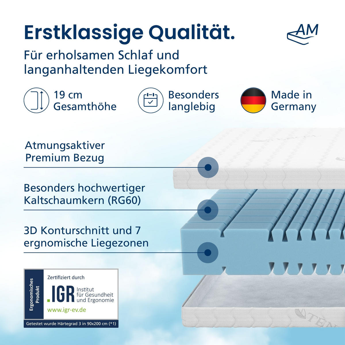 KALTSCHAUMMATRATZE 200/200 cm H3 - 19cm Höhe & Tencel Bezug - Weiß, Textil (200/200cm) - AM Qualitätsmatratzen