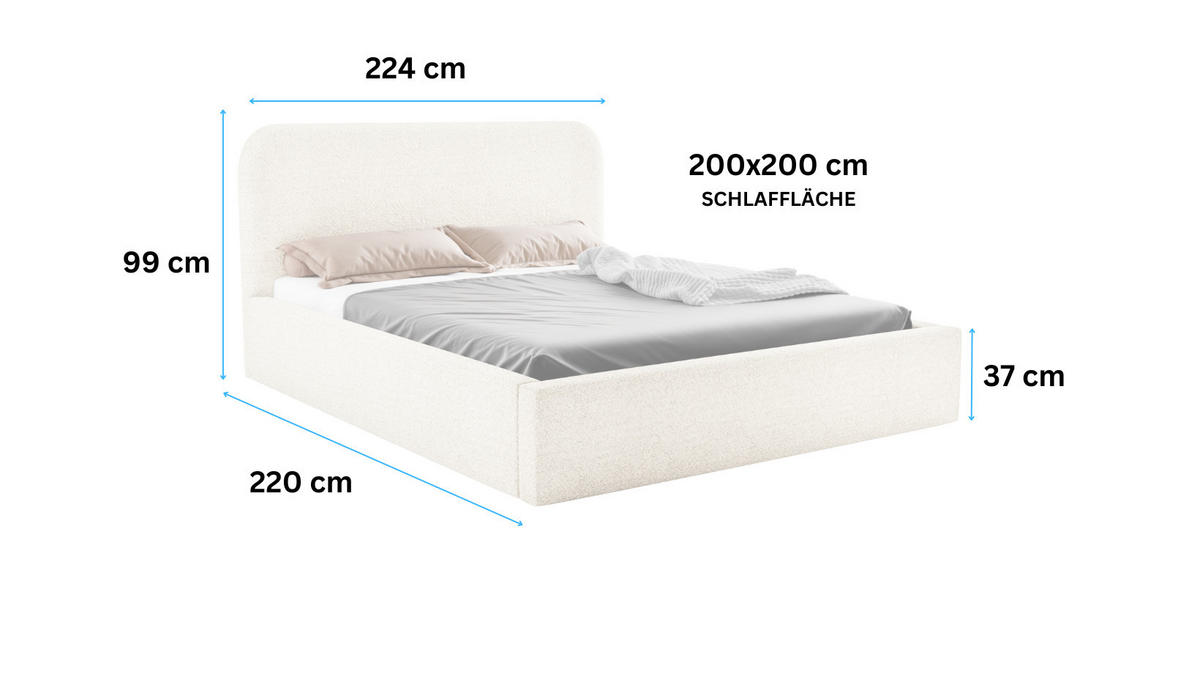 POLSTERBETT LAVINO 200x200 mit Bettkasten & Metallgestell – Bouclé Stoff MONTE Weiß - Weiß, Textil (200/200cm) - Luxkor24