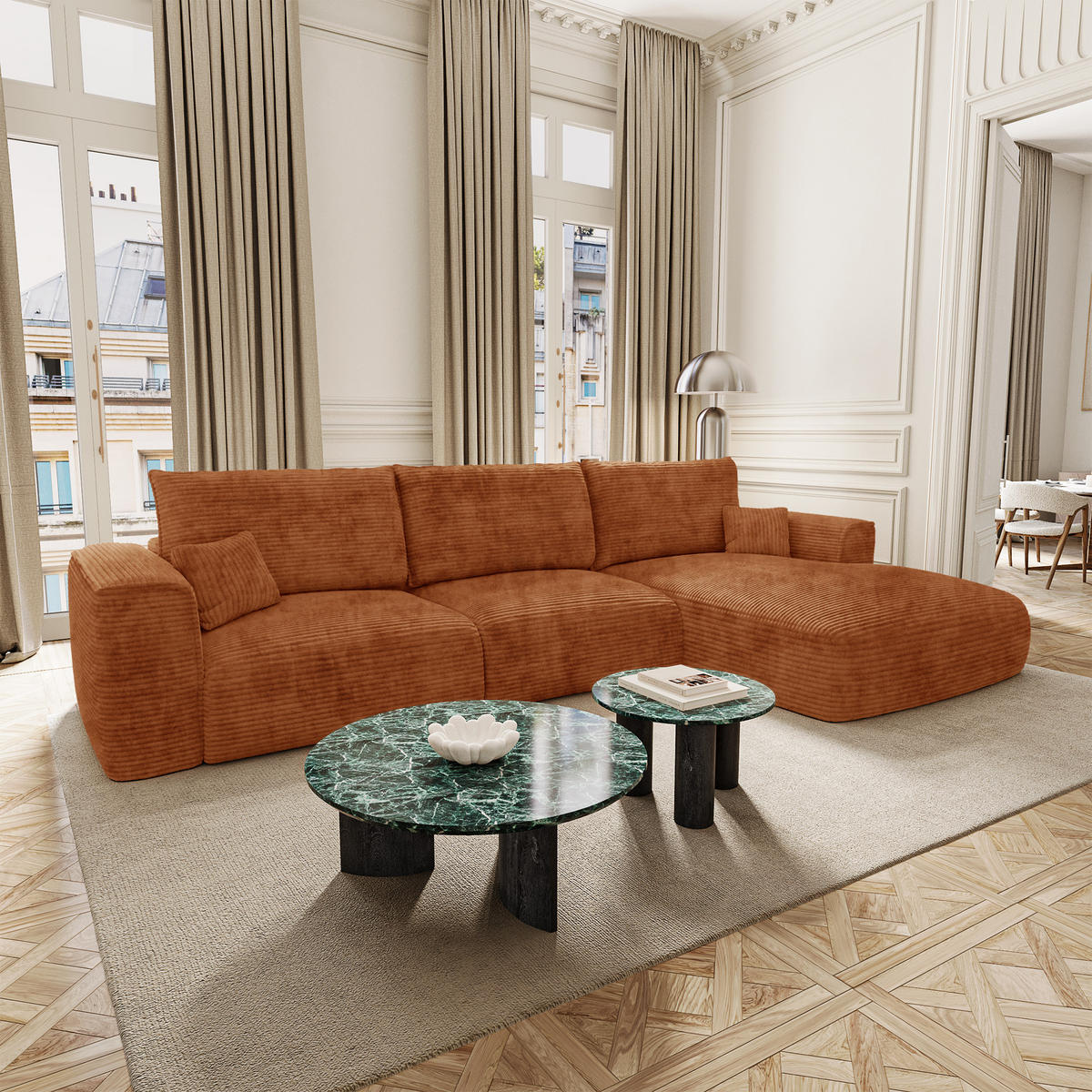 ECKSOFA rechtwinklig COMO Cord Terrakotta 297cm - Dunkelorange/Terracotta, Textil (297/167cm) - Premium Interiors