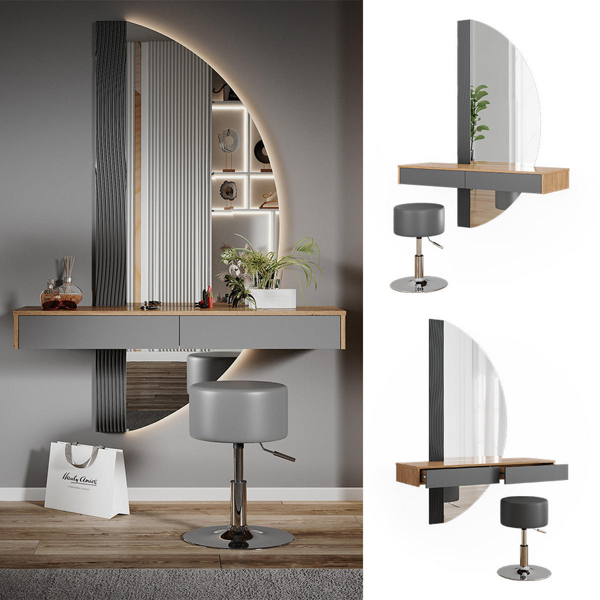 SCHMINKTISCH Melisa Grau 120 cm mit Beleuchtung und Hocker - Eichefarben/Grau, Holzwerkstoff (120/161.1/40cm) - Vicco